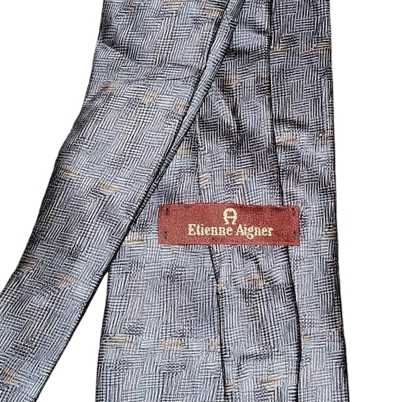 Elienne Aigner 100% silk vintage blue and tan tie - Picture 2 of 5